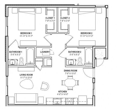 Floor plan for 2 beds, 2 baths, 828 sqft